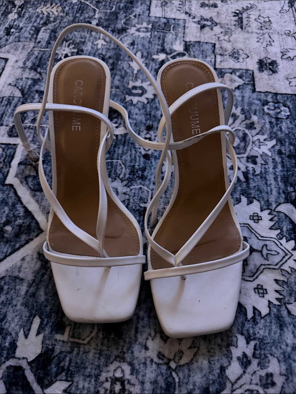 White Strappy Square-Toe Heeled Sandals